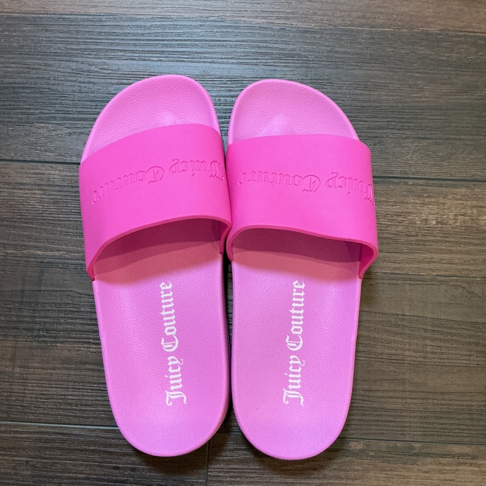 Juicy Couture Logo Slide Sandals Pink Embossed Rubber Shoes Size 38 EU 7 US
